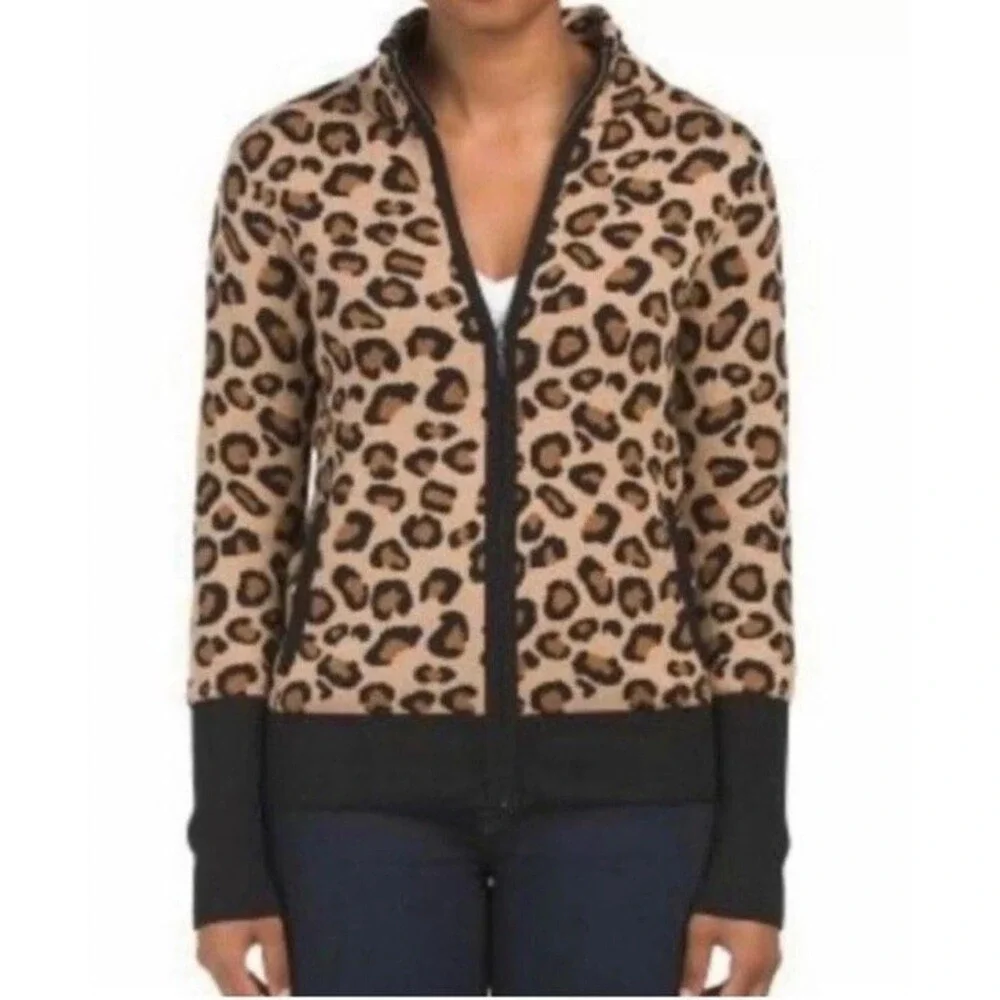 Rachel‎ Zoe Beige Leopard print full zip sweater  size Large Pockets Soft